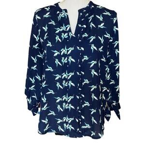41Hawthorn Navy Blue Green Hummingbird Blouse Small